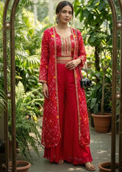 Red Chiffon Top Bottom With Bandhej Jacket