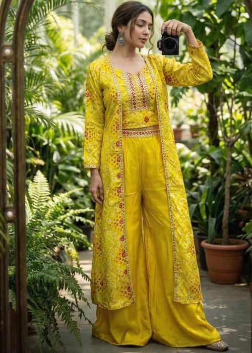 Yellow Chiffon Top Bottom With Printed Jacket