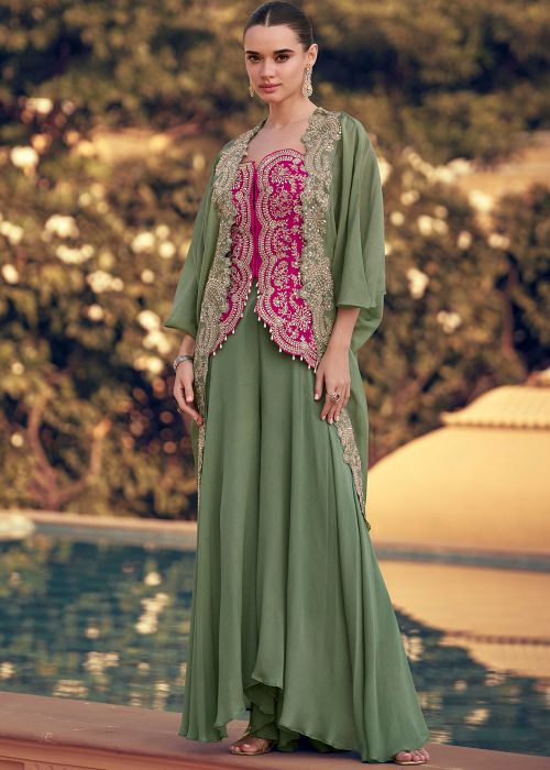 Pink Chiffon Top Bottom With Organza Jacket