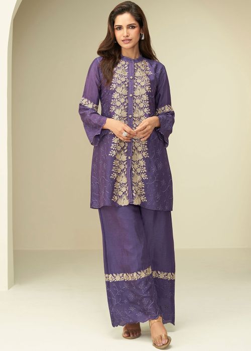 Purple Chiffon Co-Ord Set With Schiffli Work