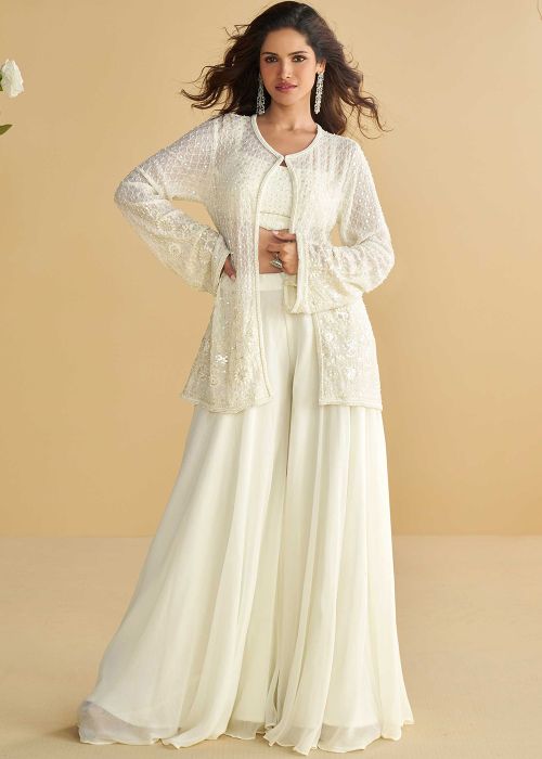 White Georgette Top Bottom Set With Jacket