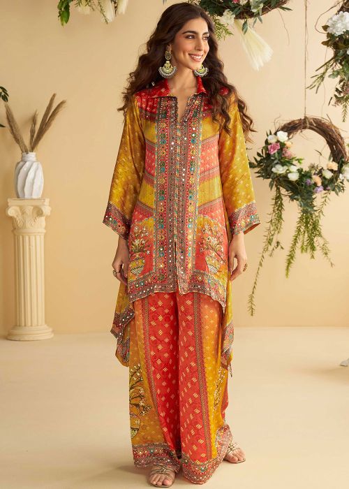Orange Top Bottom With Printed Work