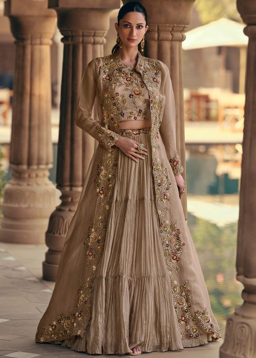 Brown Chiffon Skirt Set With Embroidered Jacket