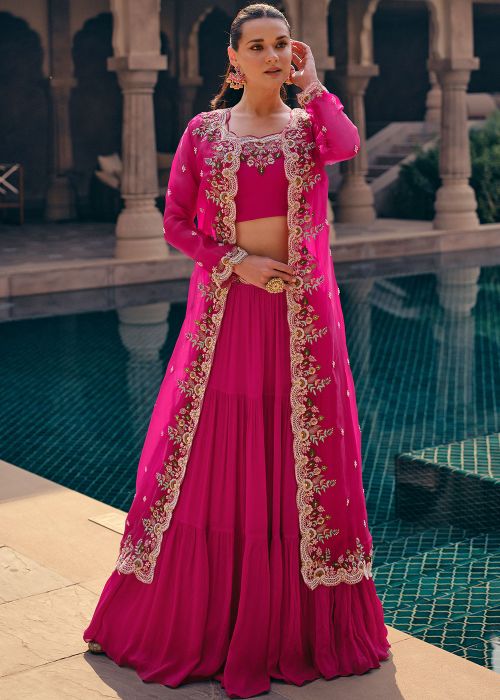 Pink Chiffon Skirt Set With Embroidered Jacket
