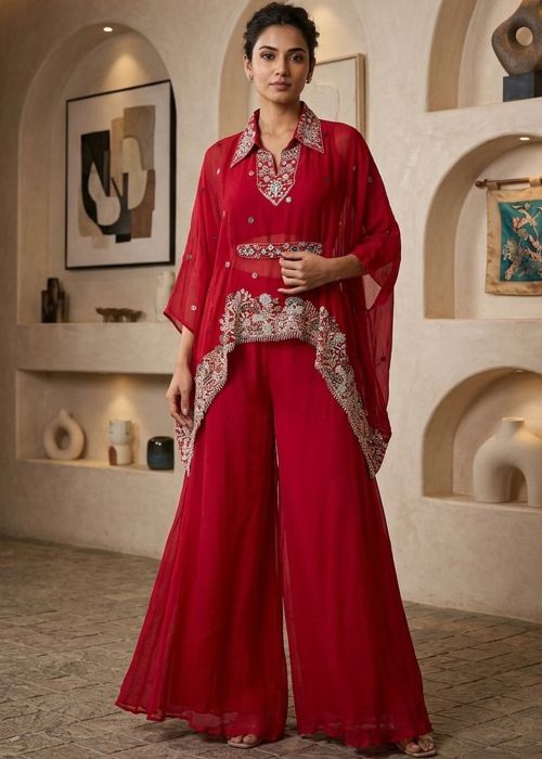 Red Viscose Kaftan Set With Sequins Work