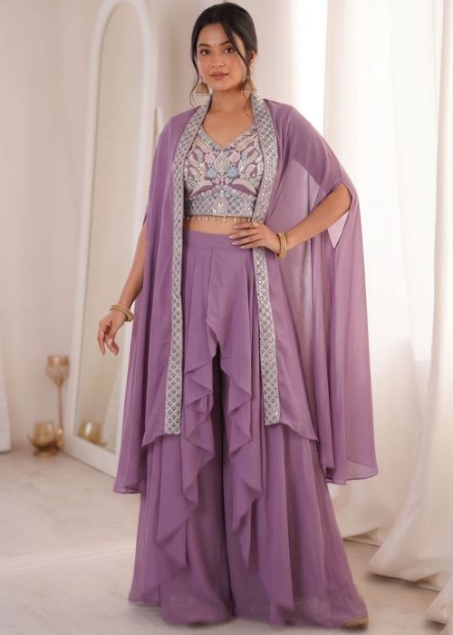 Lavender Jacketed Top Bottom With Thread Work