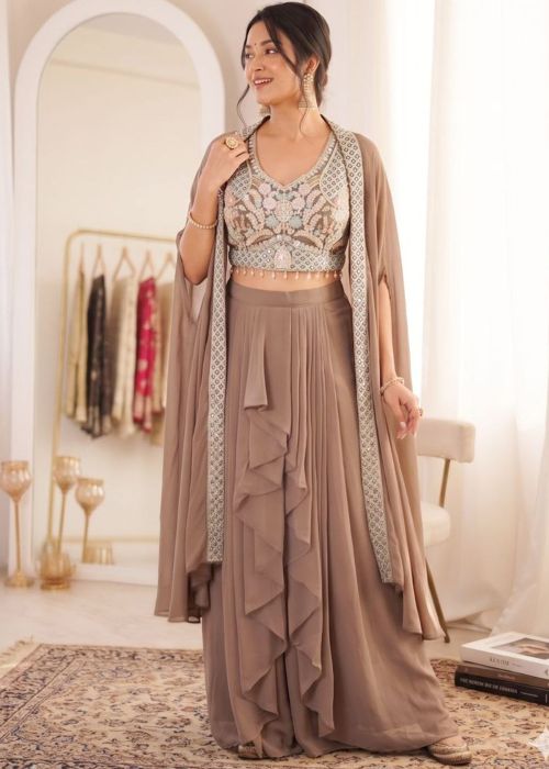 Brown Ruffle Top Bottom With Shrug