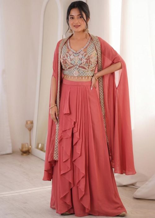 Coral Pink Shrug Style Top Botom Set