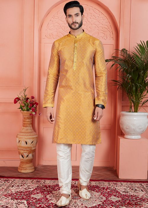 Yellow Woven Readymade Jacquard Mens Kurta Pajama Set