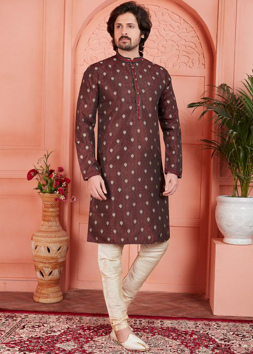 Marron Readymade Jacquard Mens Kurta Pajama In Woven Work