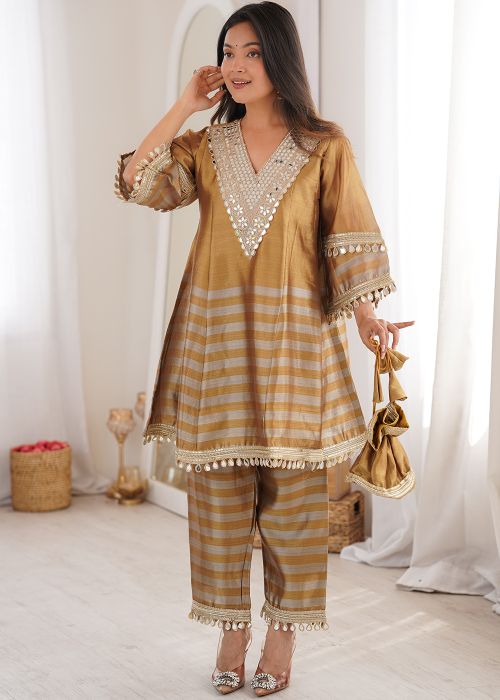 Beige Tissue Kurta Set With Mirror Work