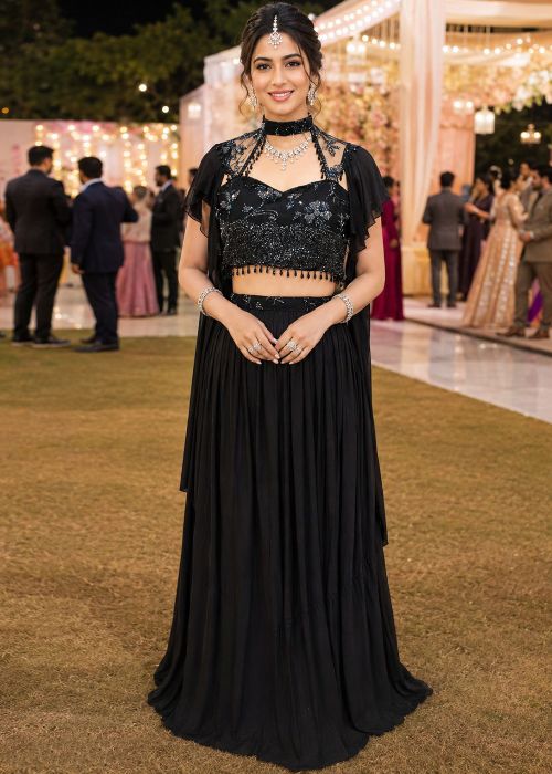 Black Lycra Skirt Set With Beaded Cape