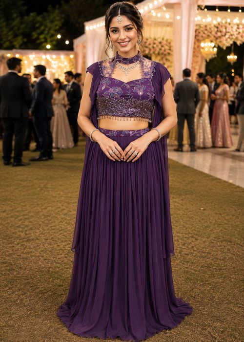 Purple Lycra Skirt Set With Embellished Cape