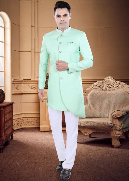 Mint Green Readymade Art Silk Mens Indowestern Sherwani 