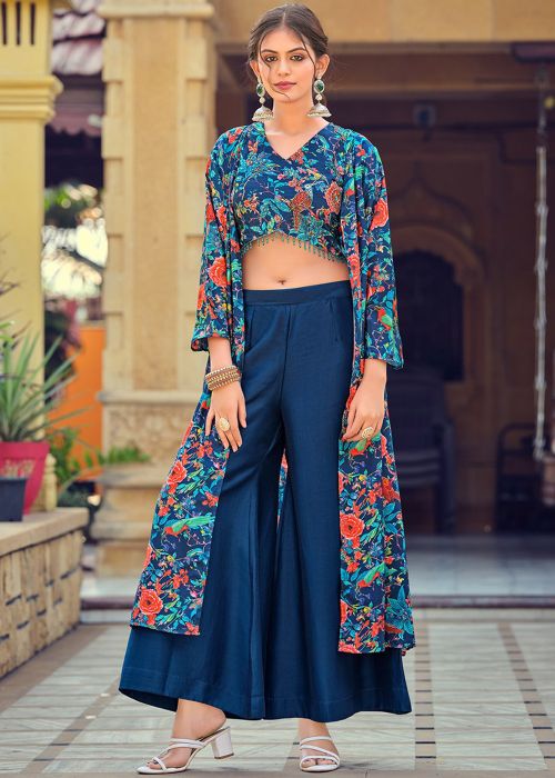 Navy Blue Silk Floral Co-Ord Set With Jacket