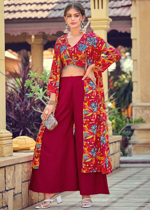 Red Silk Floral Printed Jacketed Co-Ord Set