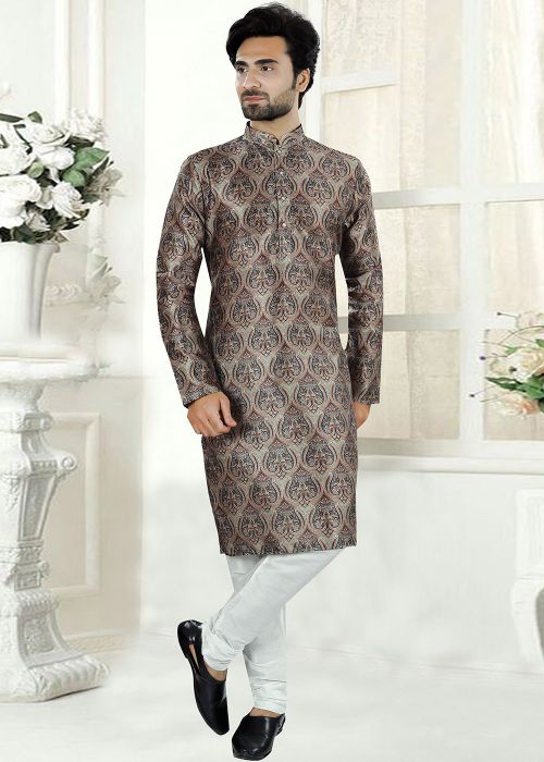 Brown Digital Print Mens Kurta Pajama