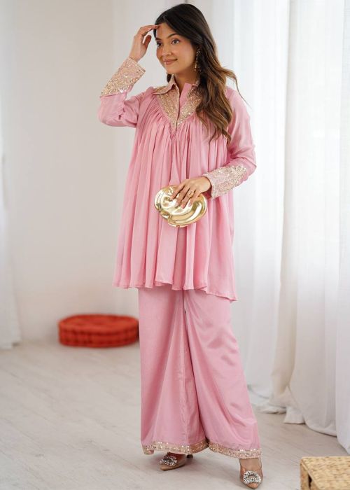 Blush Pink Chiffon Co-Ord Set With Sequins