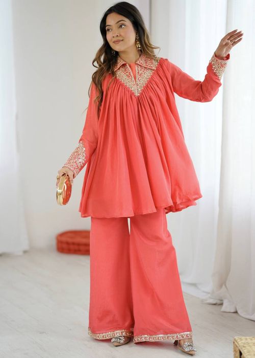 Orange Chiffon Co-Ord Set With Embroidered Collar