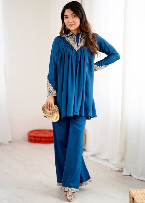 Royal Blue Chiffon Co-Ord Set With Sequins Work