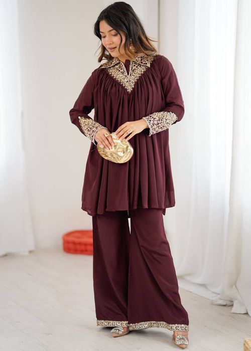 Maroon Chiffon Co-Ord Set With Sequin Work