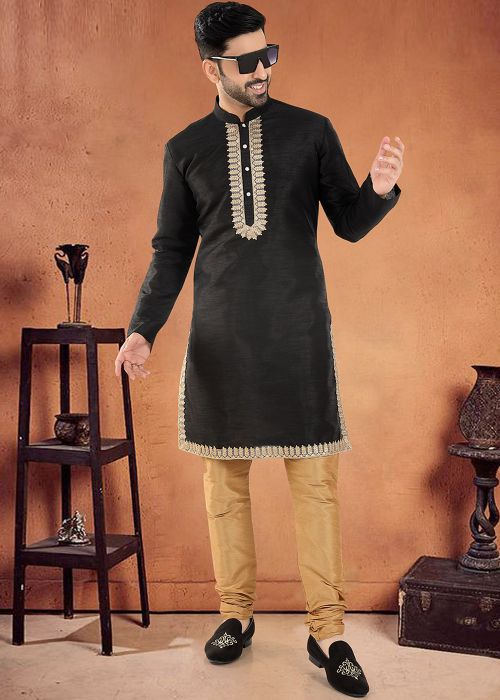 Black Readymade Mens Kurta Pajama In Art Silk