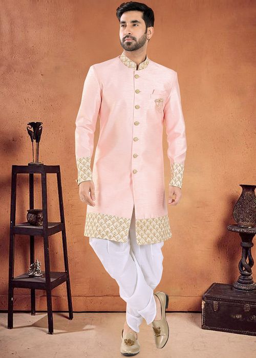 Pink Readymade Mens Art Silk Dhoti With Sherwani Set