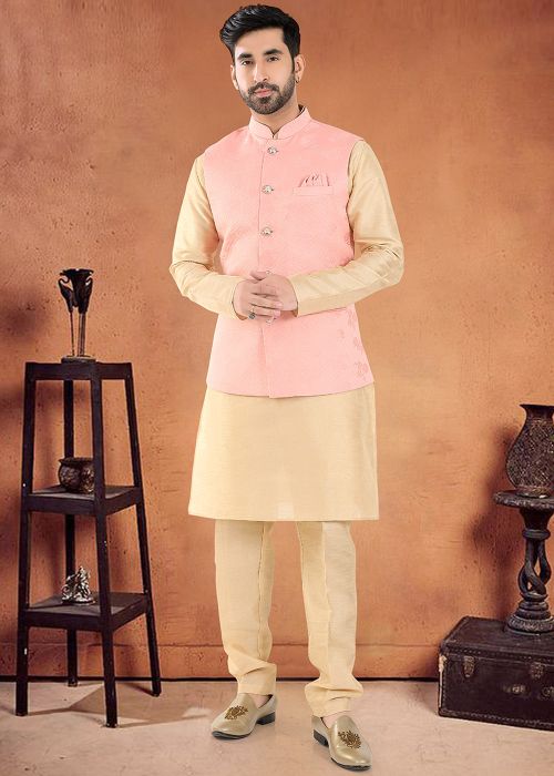 Golden Readymade Mens Art Silk Kurta Pajama With Nehru Jacket
