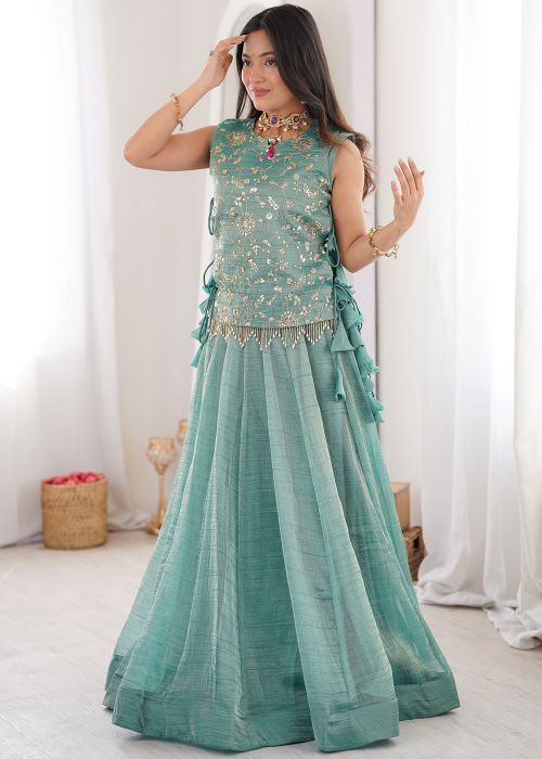 Blue Silk Skirt Set With Embroidered Koti