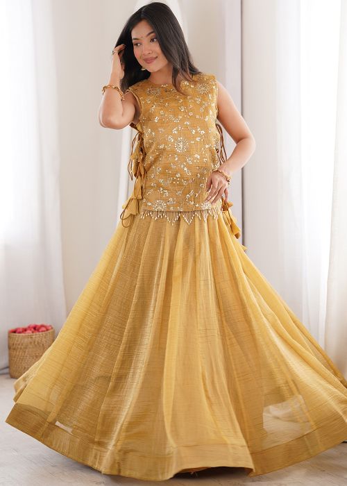 Mustard Yellow Silk Skirt Set With Sequins Koti