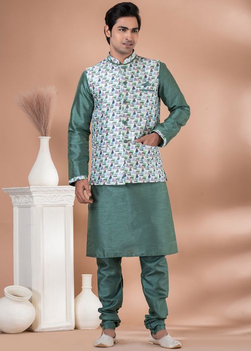 Green Men Kurta Pajama With Printed Nehru Jacket