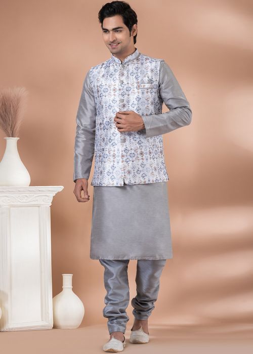 Gery Men Kurta Pajama With Nehru Jacket