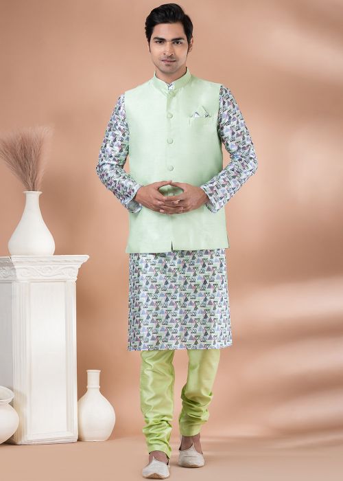 Multicolored Printed Kurta Pajama & Nehru Jacket