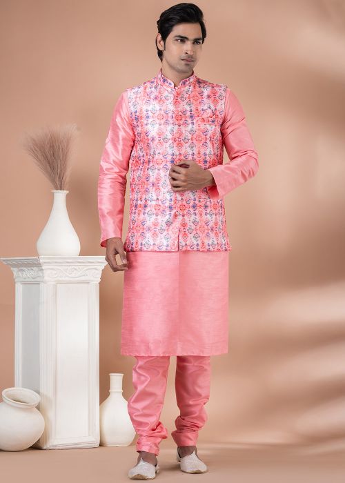 Pink Kurta Pajama With Men Printed Jacket