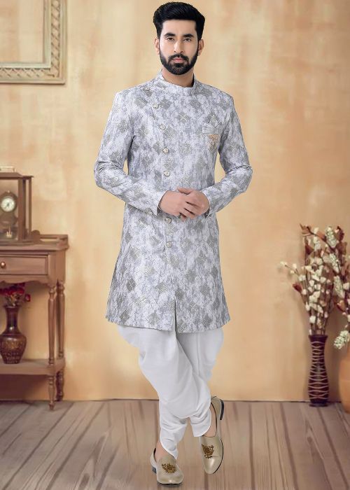 Grey Readymade Men Indowestern Sherwani In Art Silk