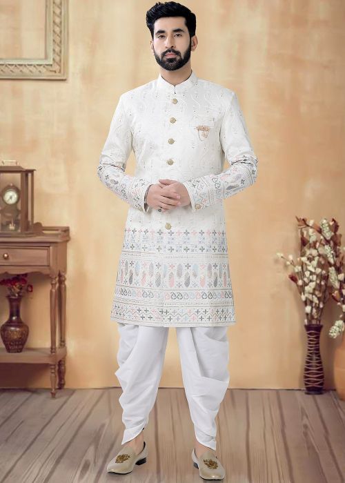 Cream Readymade Men Indowestern Sherwani And Dhoti In Art Silk