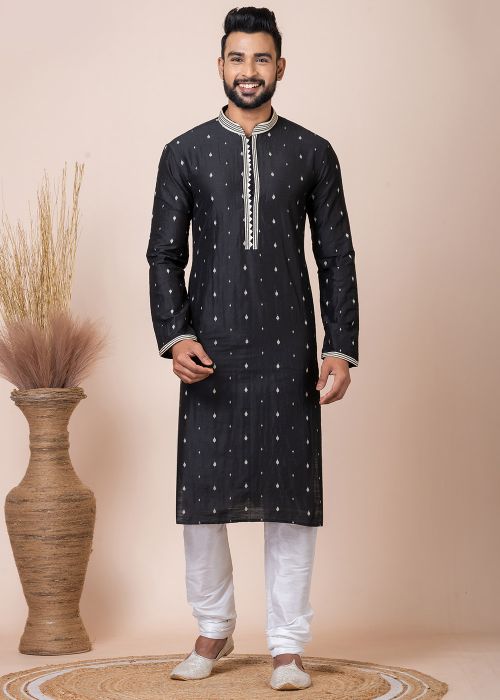 Black Embroidered Men Kurta Pajama In Jacquard