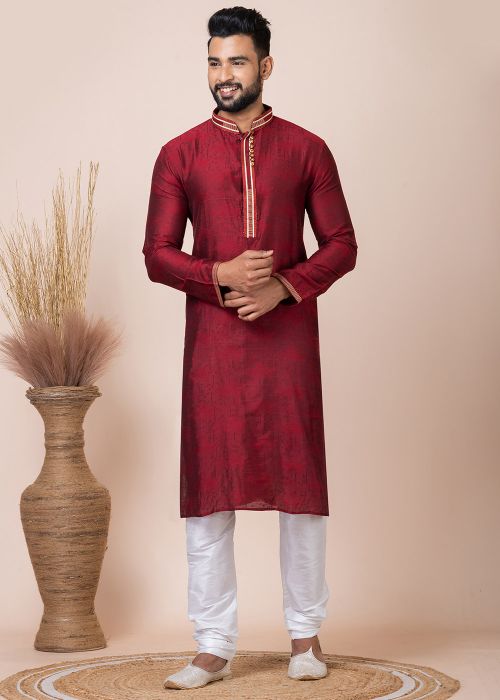Maroon Men Woven Kurta Pajama In Jacquard