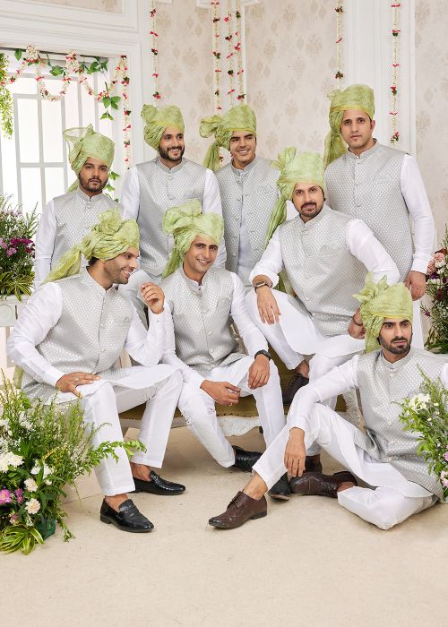Groomsmen White Kurta Pajama With Embroidered Nehru Jacket