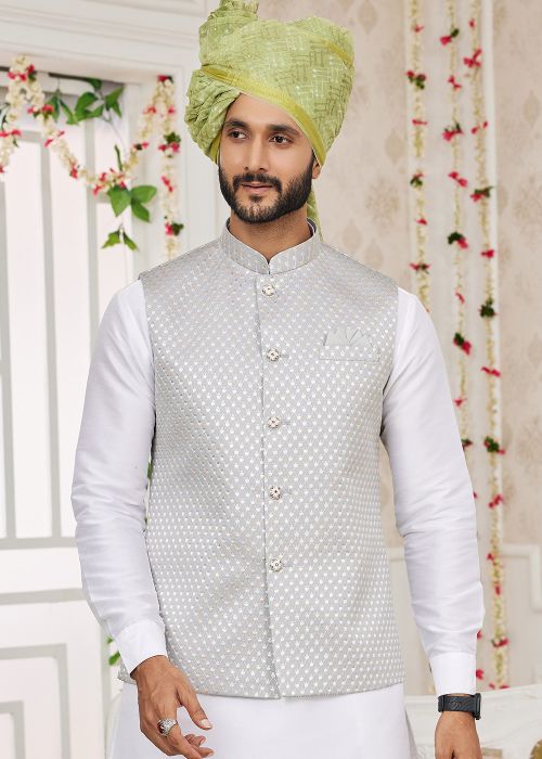 Men Grey Readymade Embroidered Nehru Jacket