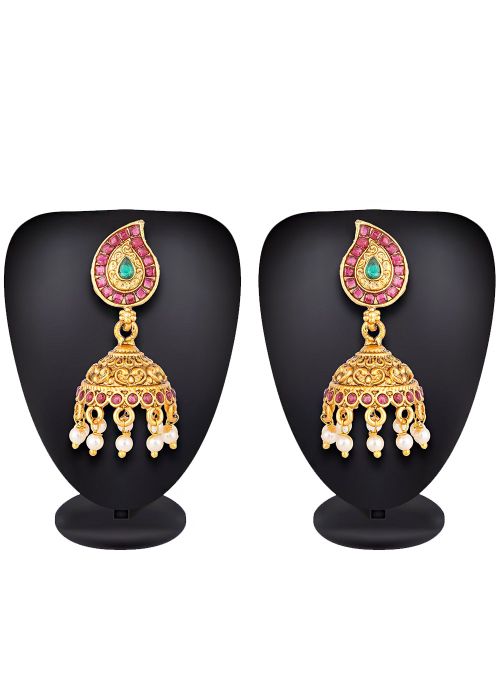 Golden Pink Stone Studded Indian Jhumka Earrings Online Shopping USA