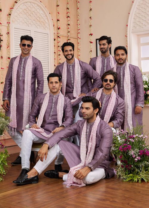 Groomsmen Purple Embroidered Men Kurta Pajama