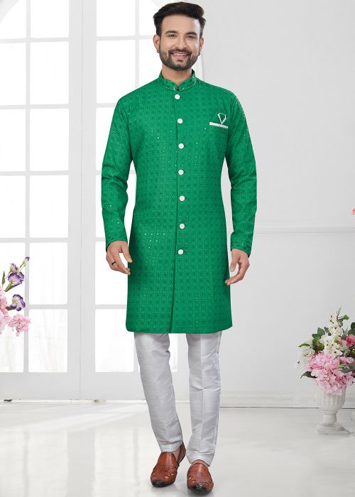 Green Sequins Work Indo Western Sherwani