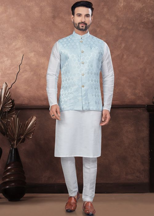Off White Readymade Dupion Silk Nehru Jacket With Kurta Pajama In Plain 