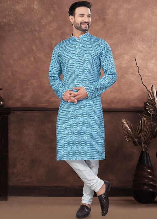 Blue Readymade Men Jacquard Kurta Pajama In Digital Print