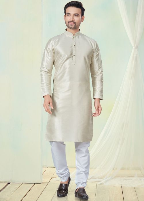 Cream Readymade Plain Men Kurta Pajama In Art Silk