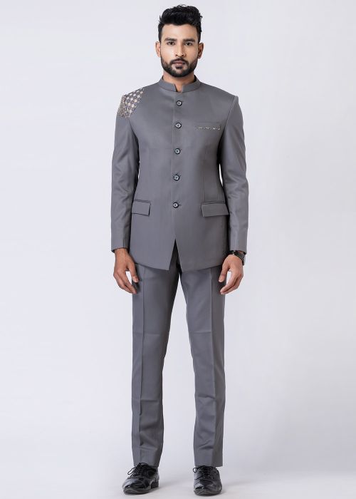 Readymade Grey Rayon Bandhgala Jodhpuri Suit 