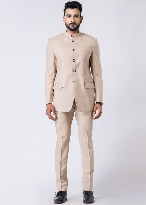 Cream Readymade Rayon Bandhgala Jodhpuri Suit