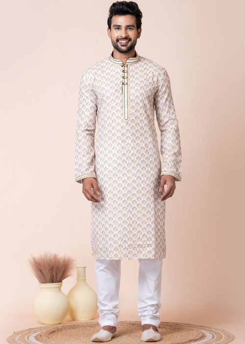 White Readymade Men Cotton Kurta Pajama In Print