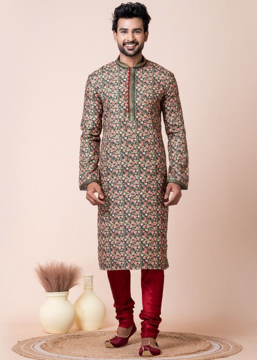 Green Readymade Men Cotton Kurta Pajama In Print